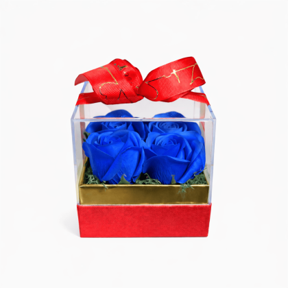 Soap Roses μπλε σε κόκκινο κουτί plexiglass